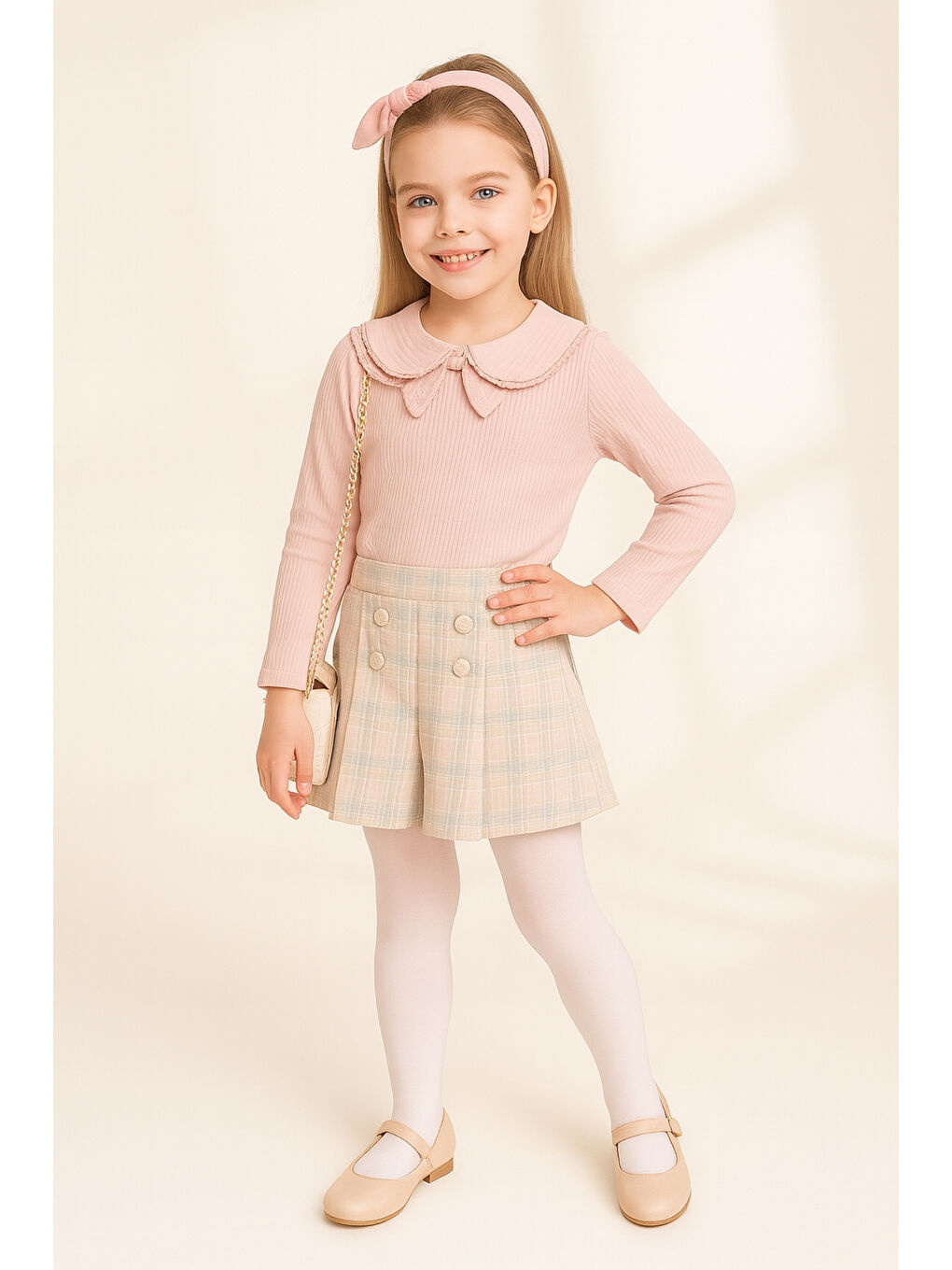 Pembe Kız Çocuk Fırfır Yakalı Bluz & Ekose Şort Etek 2 li Set Takım Ak4155-1