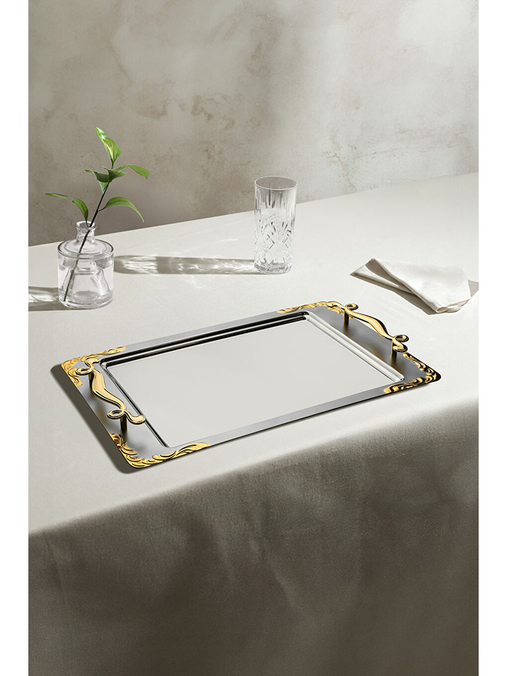 Sarı Lalezar Altın Saten Çelik Kahve Tepsi-2