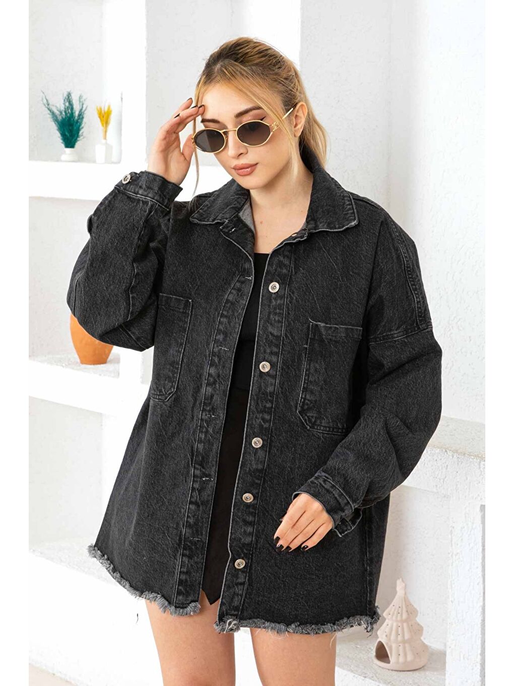 Kadın Çift Cepli Püskül Detay Jean Ceket Siyah   26576