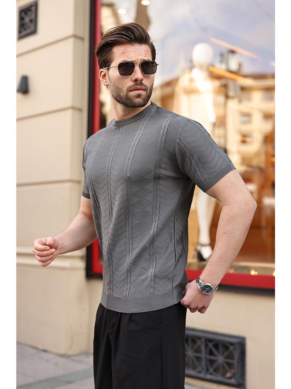 Antrasit Bisiklet Yaka Slim Fit Triko Erkek Tişört E7466