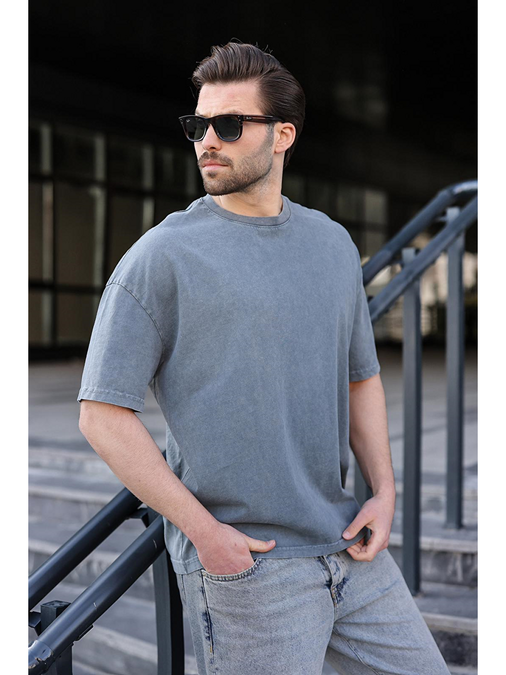 Gri %100 Pamuklu Oversize Erkek Tişört E7178-4