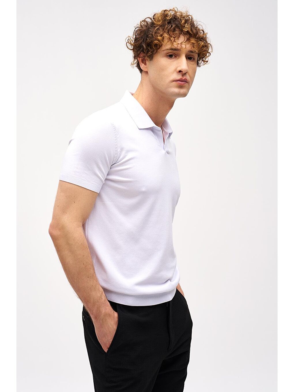 Beyaz Slim Fit Dar Kalıp Polo Yaka Düz Kısa Kollu Triko Tişört-1
