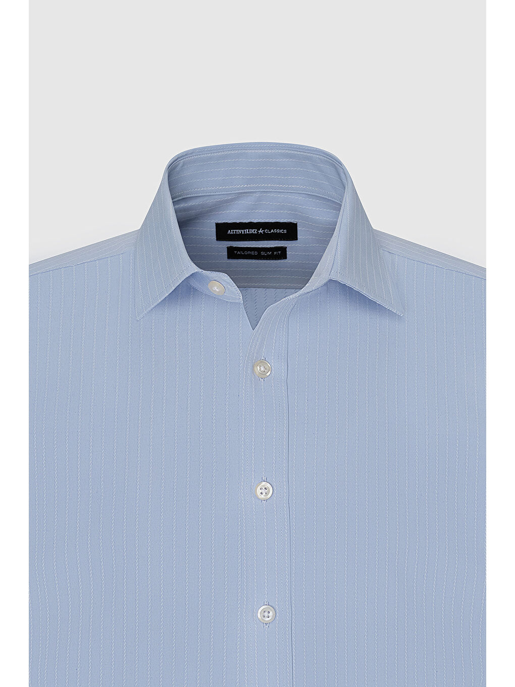 Erkek Açık Mavi Pamuklu Slim Fit Dar Kesim Çizgili Klasik Yaka Gömlek-8