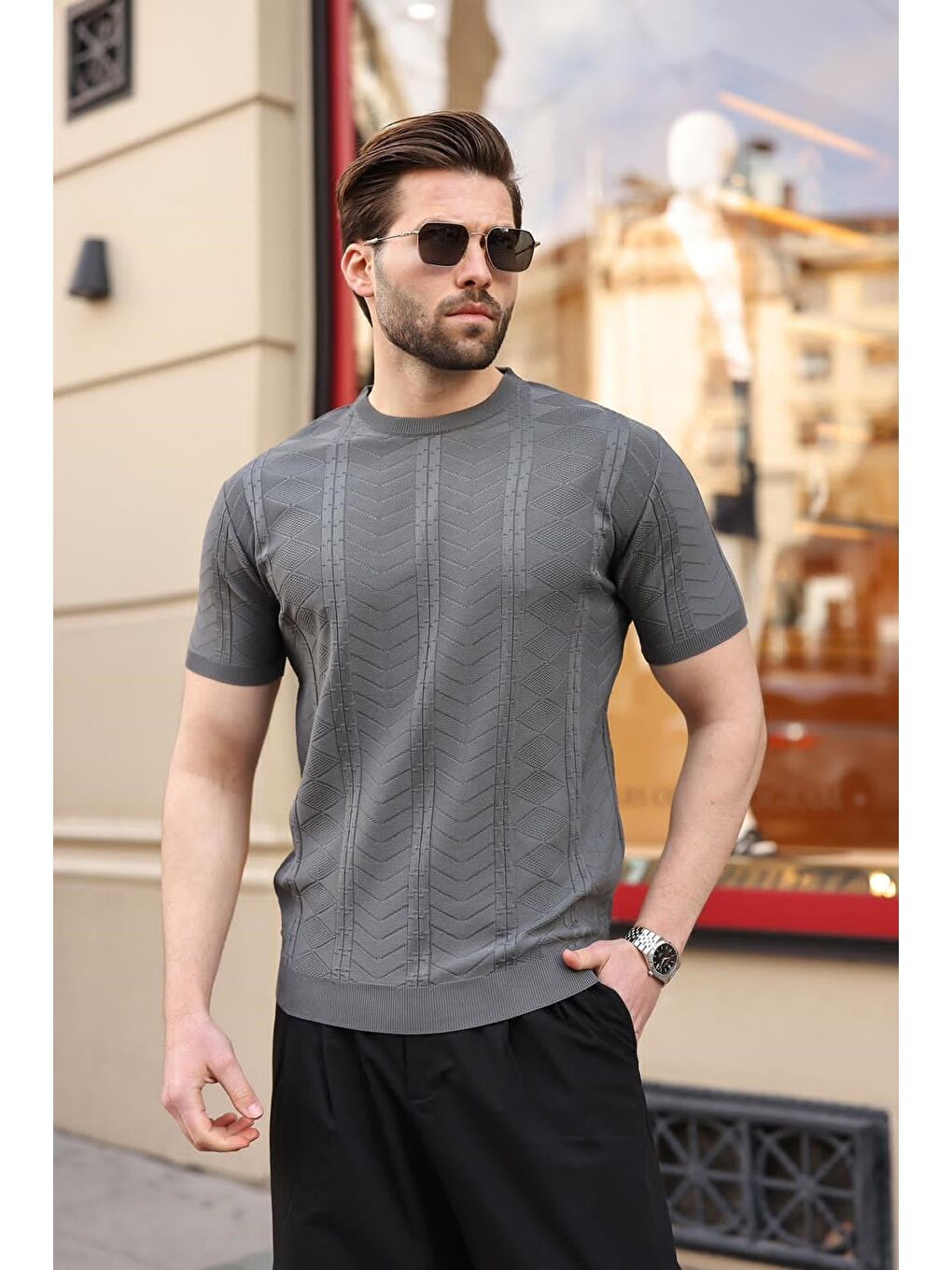 Antrasit Bisiklet Yaka Slim Fit Triko Erkek Tişört E7466-1