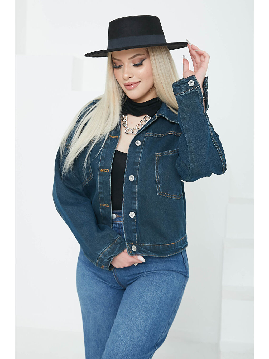 Kadın Çift Cepli Crop Jean Ceket Koyu Mavi   26573-2