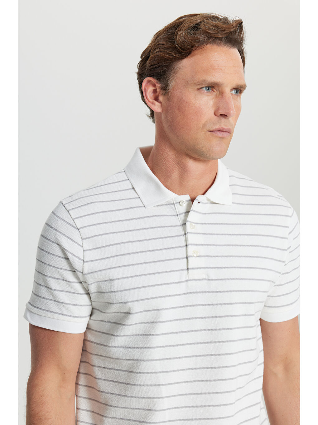 Erkek Beyaz-Gri Pamuklu Slim Fit Dar Kesim Polo Yaka Tişört-3