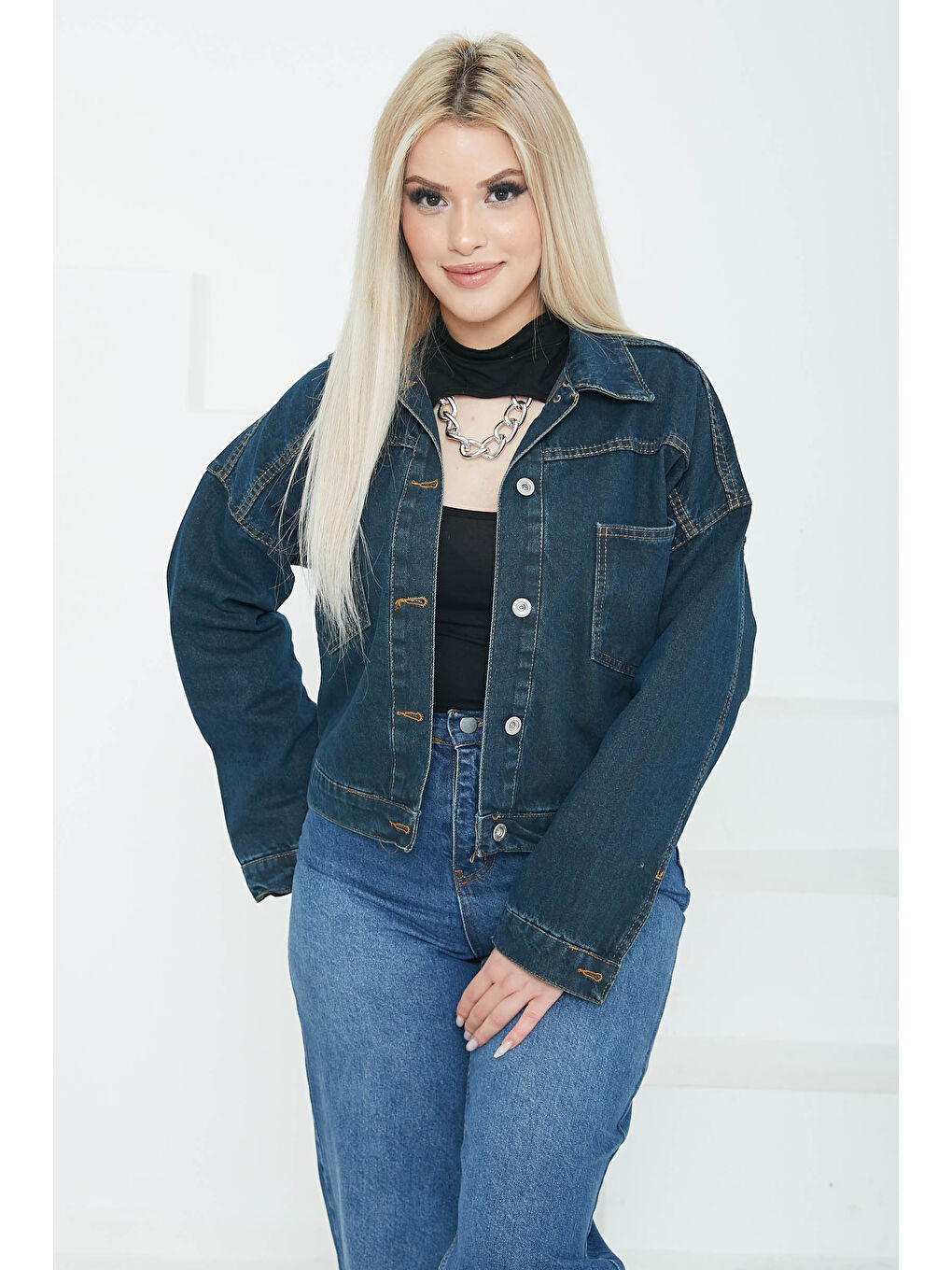 Kadın Çift Cepli Crop Jean Ceket Koyu Mavi   26573-3