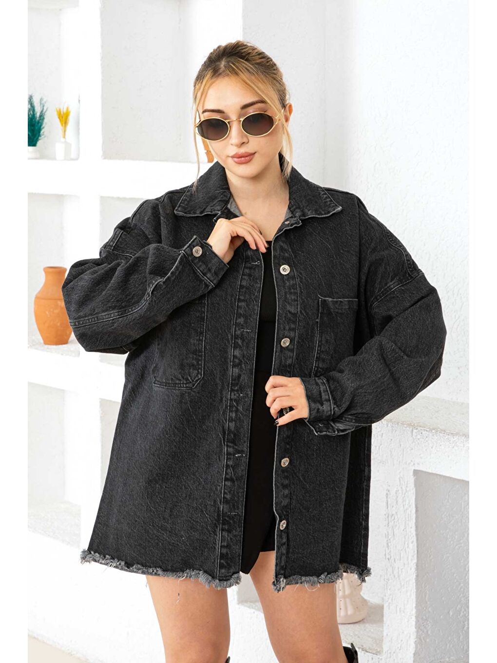 Kadın Çift Cepli Püskül Detay Jean Ceket Siyah   26576-1