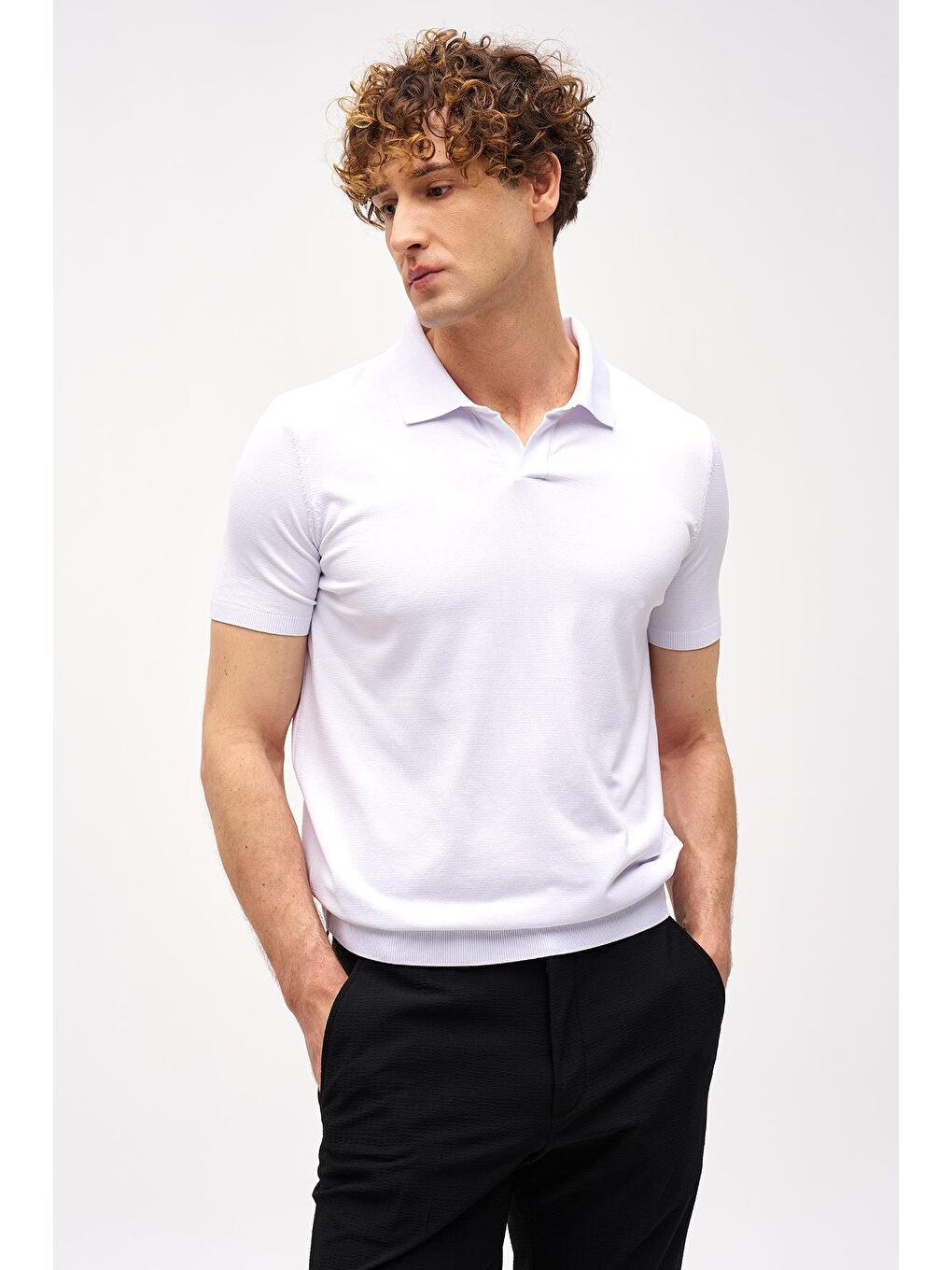 Beyaz Slim Fit Dar Kalıp Polo Yaka Düz Kısa Kollu Triko Tişört-3