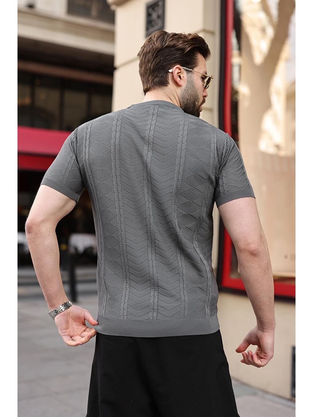 Antrasit Bisiklet Yaka Slim Fit Triko Erkek Tişört E7466-2