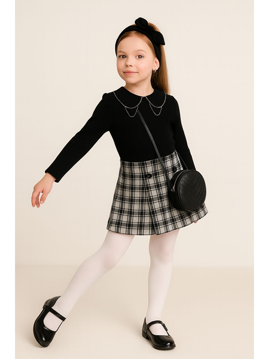 Siyah Kız Çocuk Fırfır Yakalı Bluz & Ekose Şort Etek 2 li Set Takım Ak4155