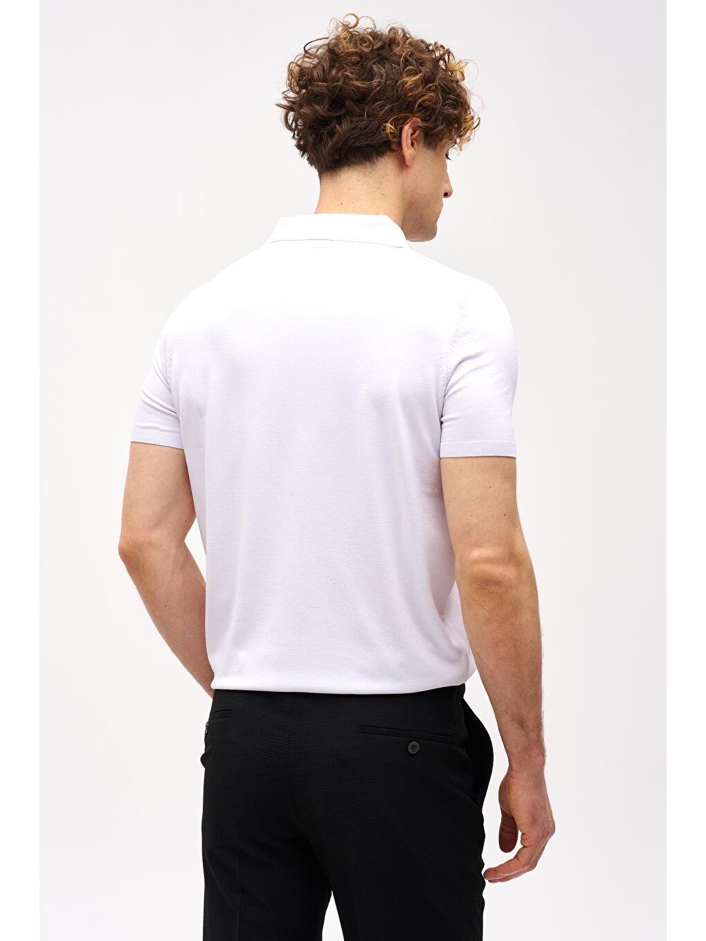 Beyaz Slim Fit Dar Kalıp Polo Yaka Düz Kısa Kollu Triko Tişört-4