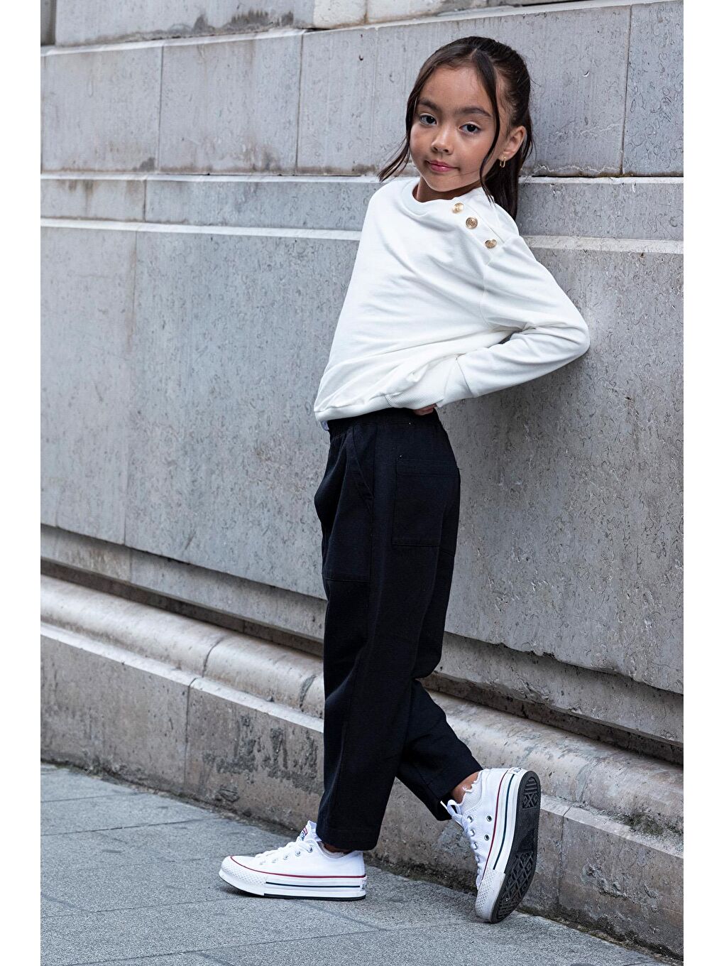 2'Li Omuz Düğmeli Bel Fırfırlı Siyah Gabardin Pantolon Takım