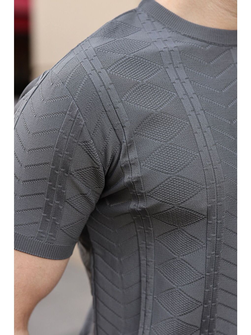 Antrasit Bisiklet Yaka Slim Fit Triko Erkek Tişört E7466-3