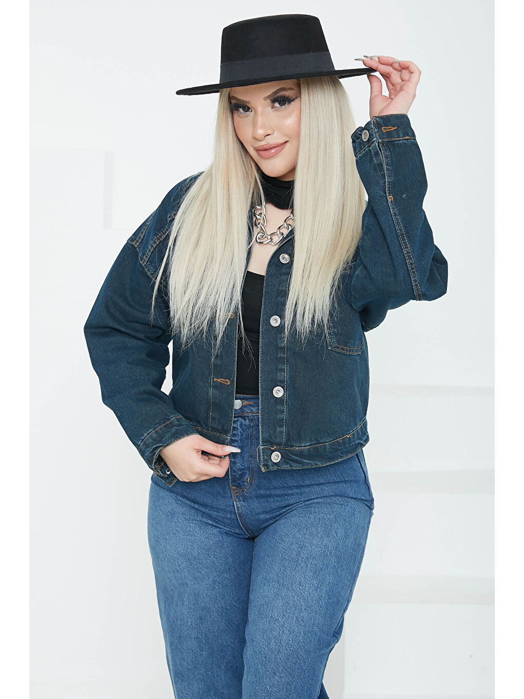 Kadın Çift Cepli Crop Jean Ceket Koyu Mavi   26573-4