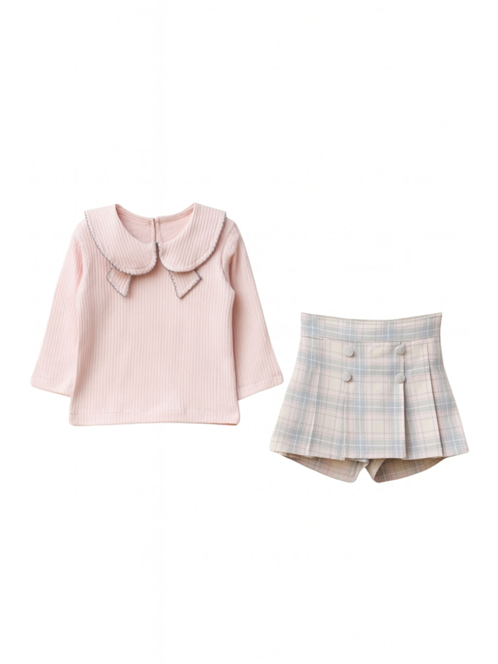 Pembe Kız Çocuk Fırfır Yakalı Bluz & Ekose Şort Etek 2 li Set Takım Ak4155-4