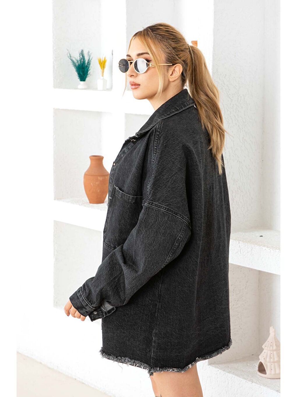 Kadın Çift Cepli Püskül Detay Jean Ceket Siyah   26576-4