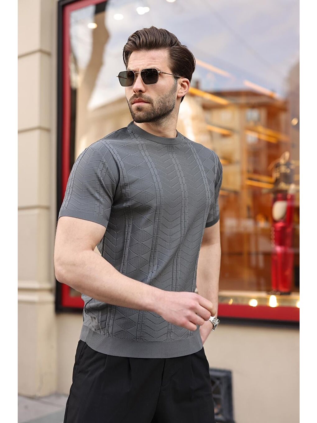 Antrasit Bisiklet Yaka Slim Fit Triko Erkek Tişört E7466-4