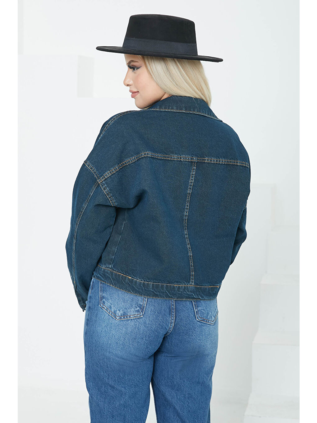 Kadın Çift Cepli Crop Jean Ceket Koyu Mavi   26573-6