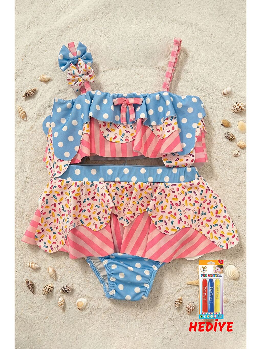 Pembe Fırfırlı Kız Çocuk Renkli Şeker Desenli Bikini Takımı-1