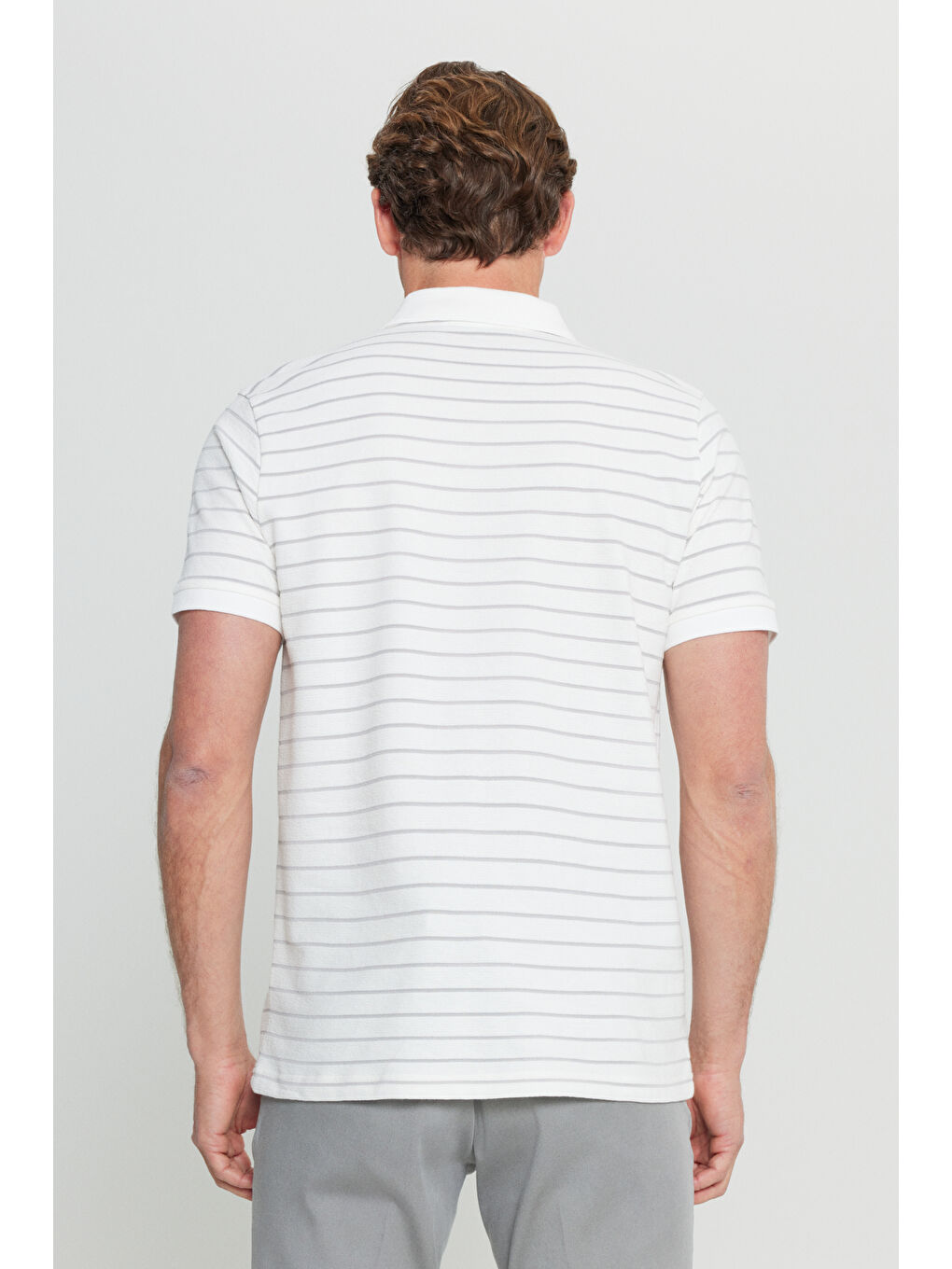 Erkek Beyaz-Gri Pamuklu Slim Fit Dar Kesim Polo Yaka Tişört-4