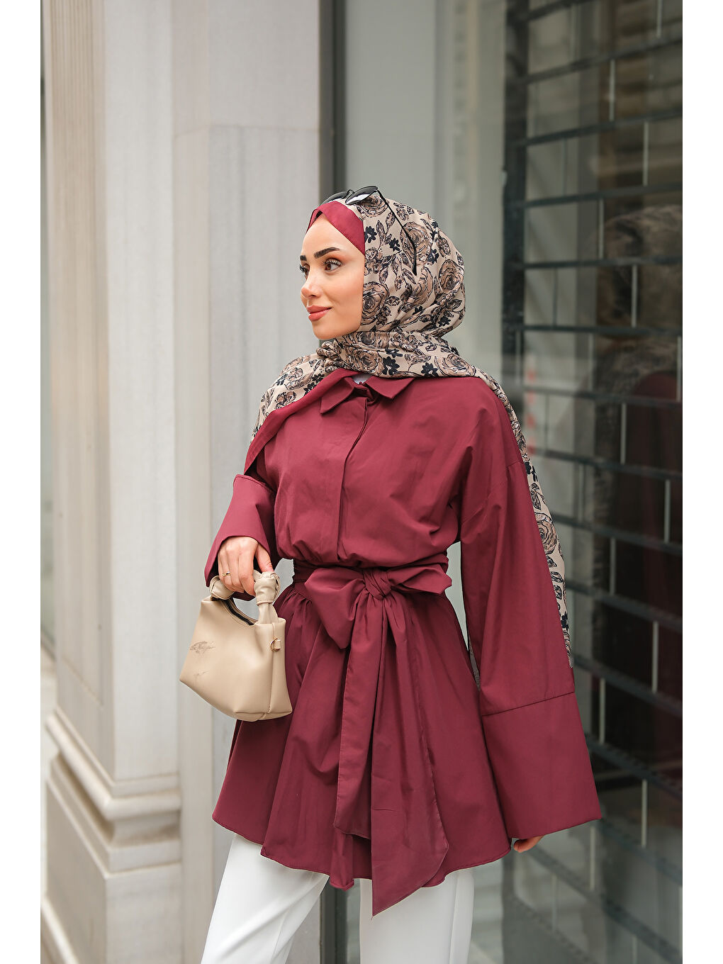 Kadın Uzun Kuşaklı Gömlek Bordo-1