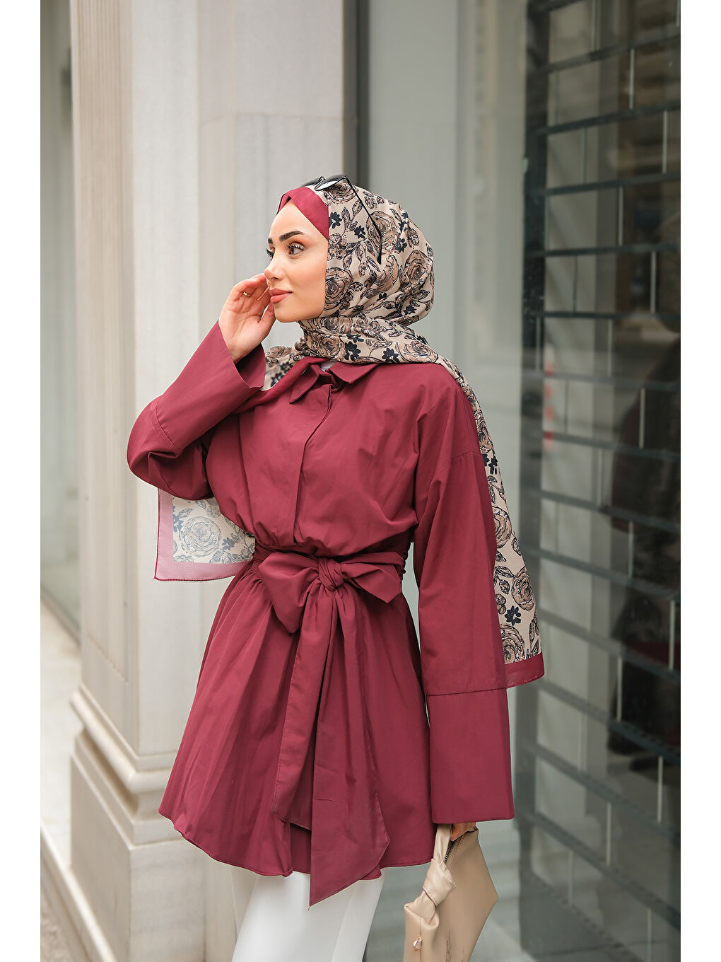 Kadın Uzun Kuşaklı Gömlek Bordo-2