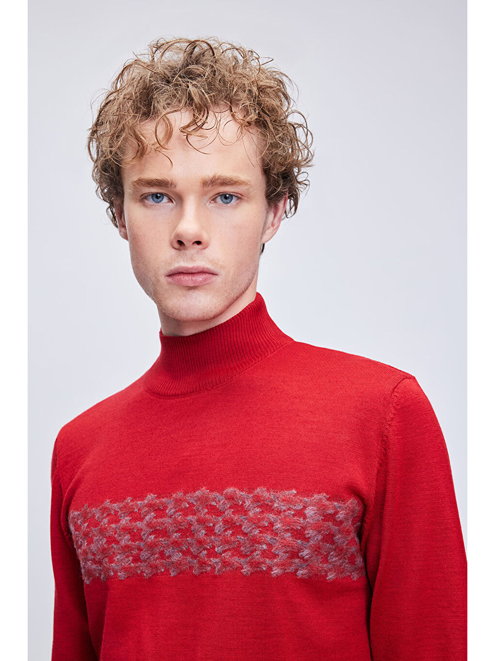 Kırmızı Regular Fit Jakarlı Yarım Balıkçı Yaka Yünlü Triko Kazak-1