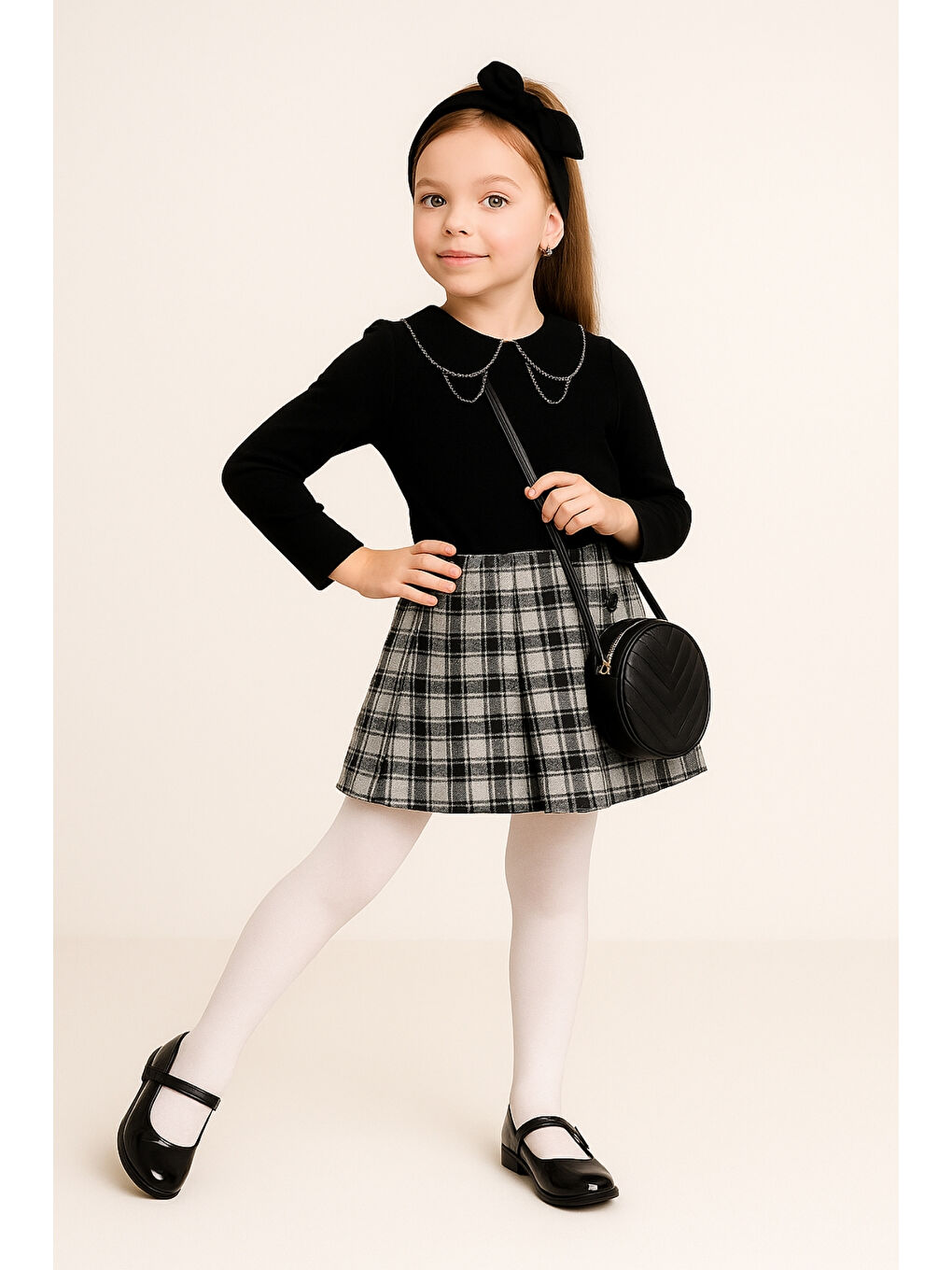 Siyah Kız Çocuk Fırfır Yakalı Bluz & Ekose Şort Etek 2 li Set Takım Ak4155-1