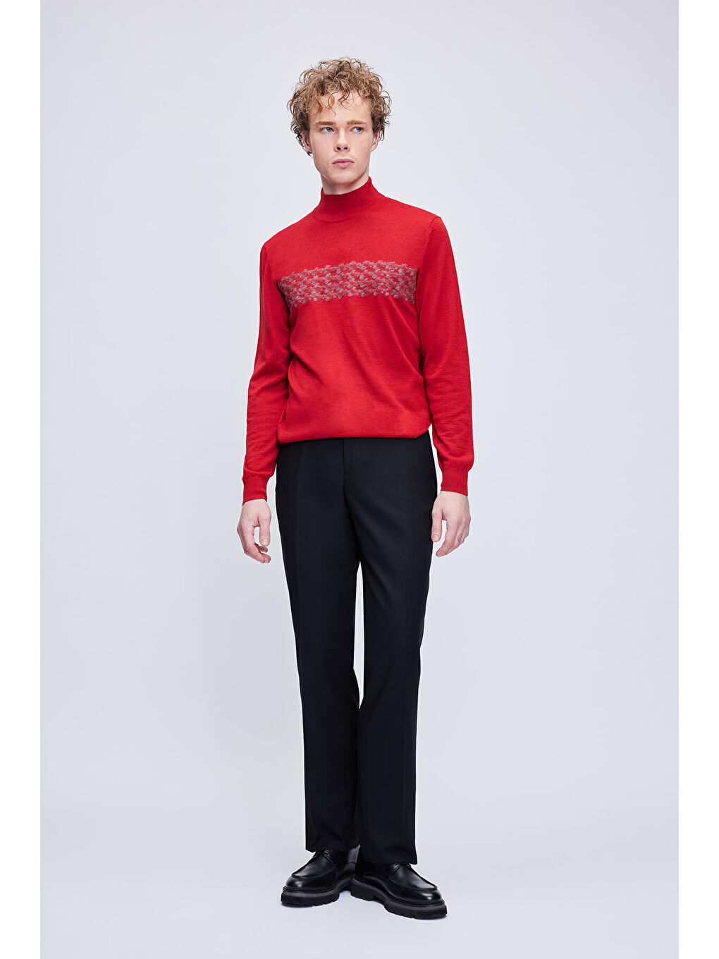 Kırmızı Regular Fit Jakarlı Yarım Balıkçı Yaka Yünlü Triko Kazak-2