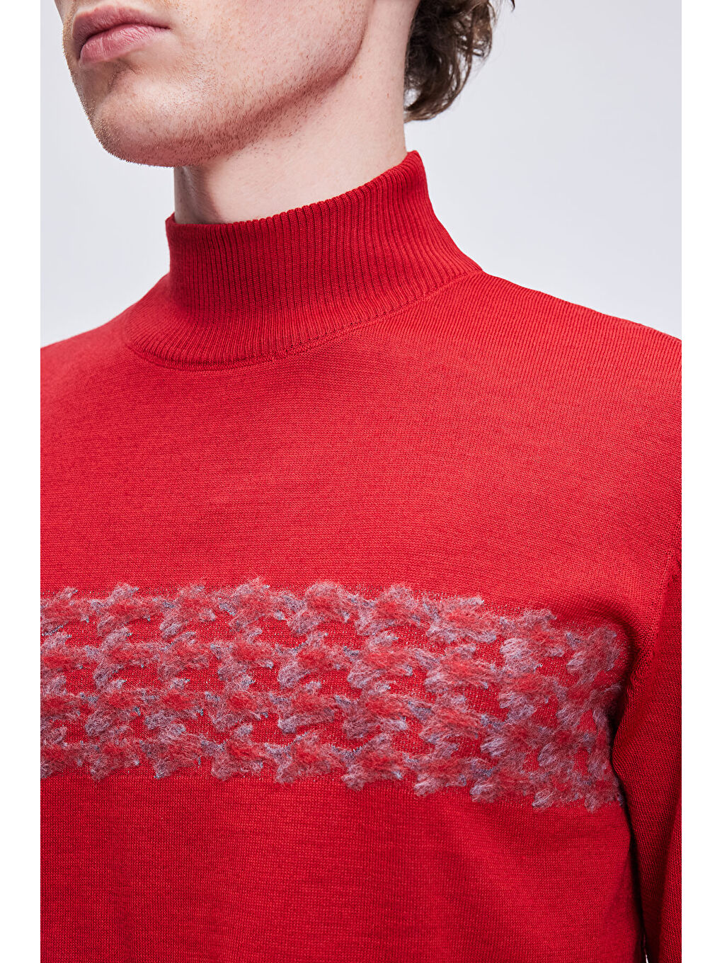 Kırmızı Regular Fit Jakarlı Yarım Balıkçı Yaka Yünlü Triko Kazak-3