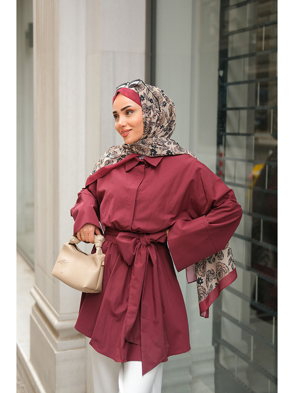 Kadın Uzun Kuşaklı Gömlek Bordo-3