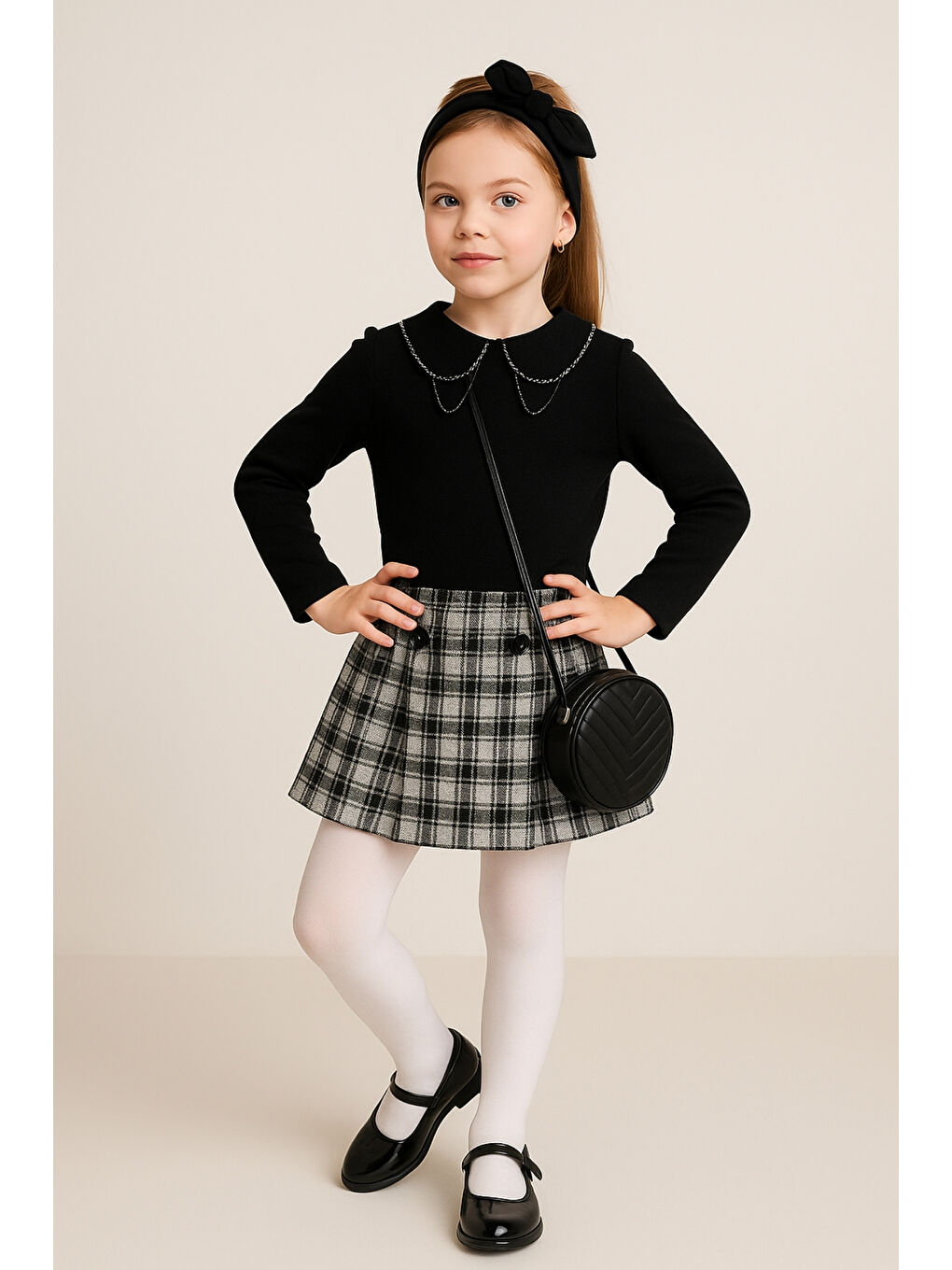 Siyah Kız Çocuk Fırfır Yakalı Bluz & Ekose Şort Etek 2 li Set Takım Ak4155-2