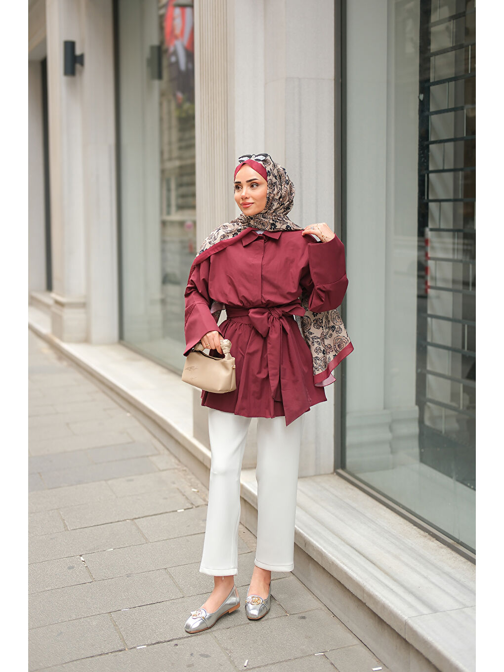 Kadın Uzun Kuşaklı Gömlek Bordo-4