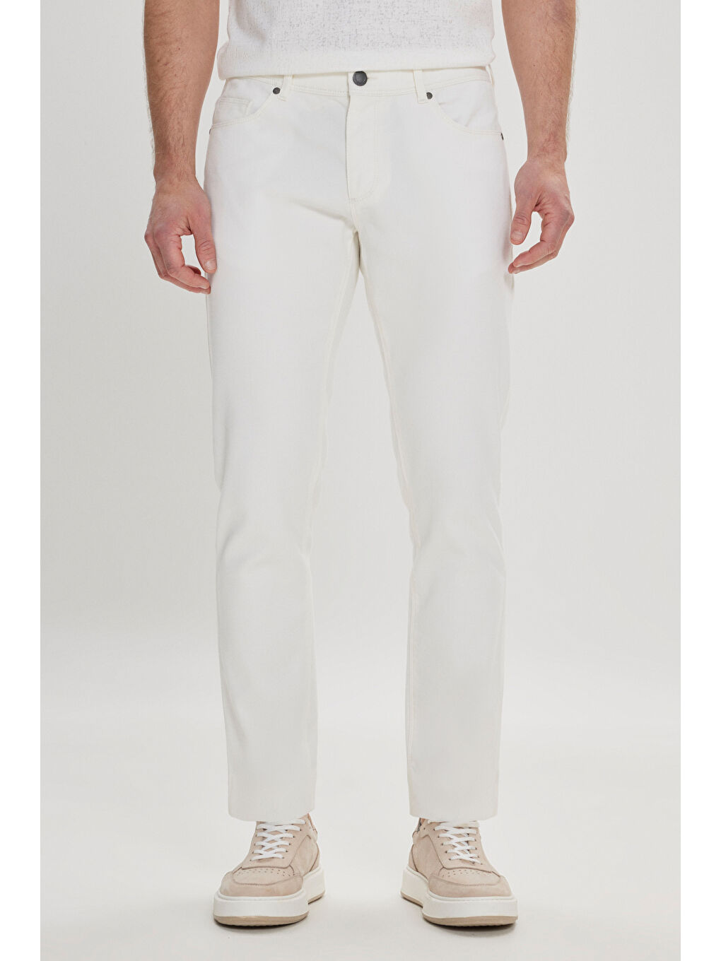 Erkek Beyaz Slim Fit Dar Kesim 5 Cep Armürlü Esnek Pantolon