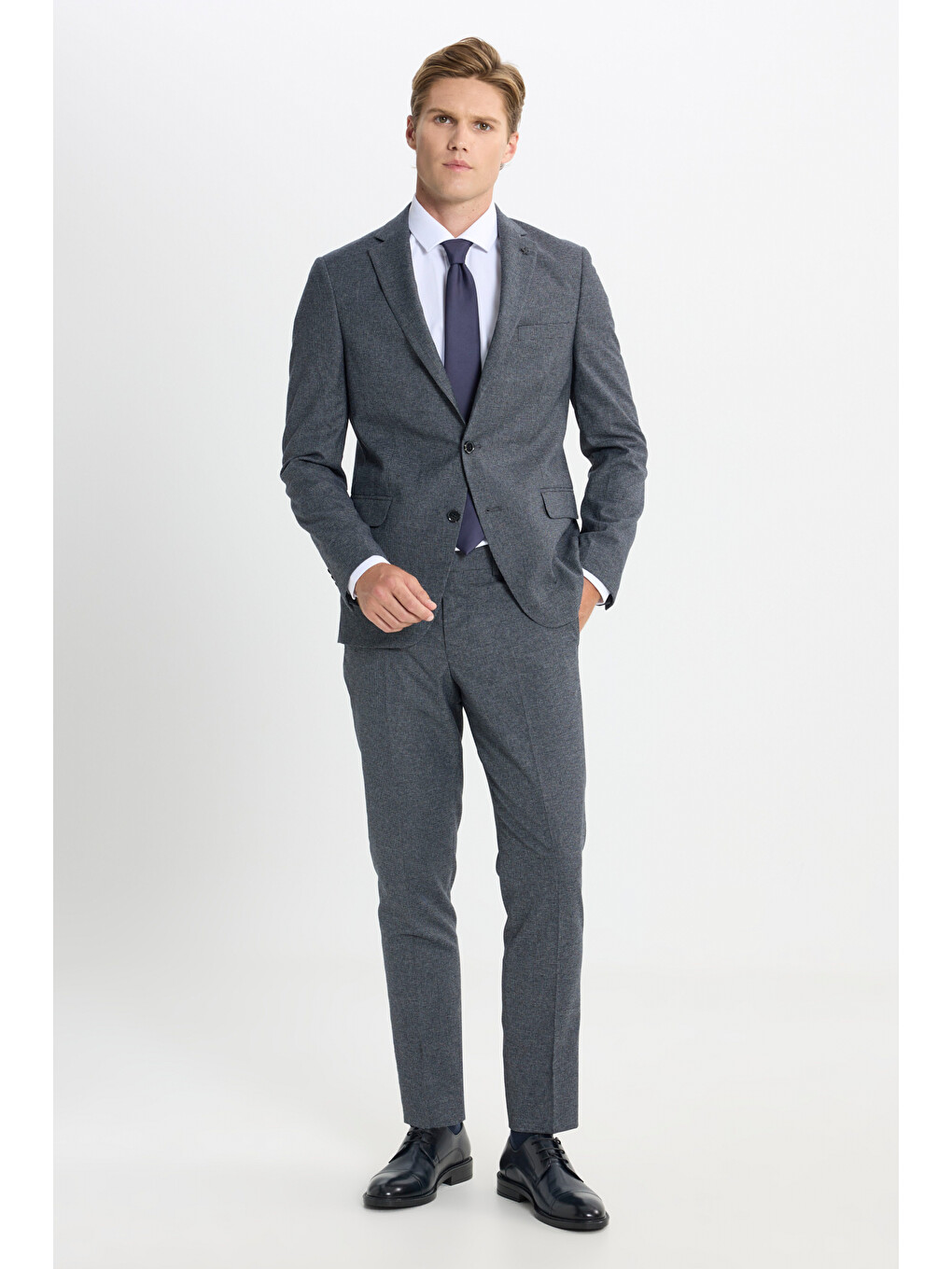 Erkek Lacivert-Gri Slim Fit Dar Kesim Kazayağı Desenli Takım Elbise-1
