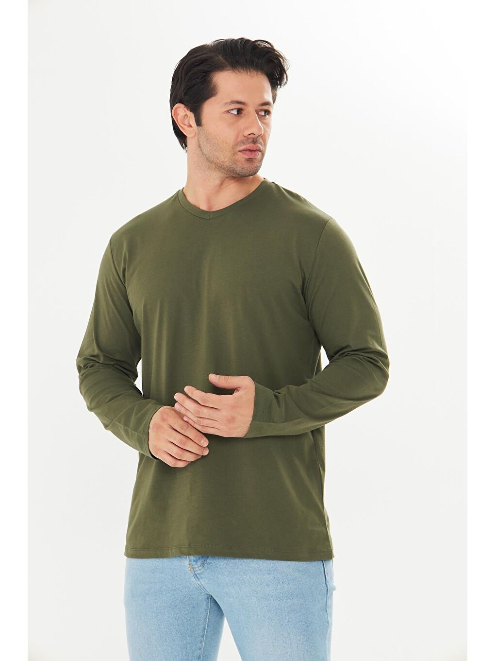 Erkek Pamuklu V Yaka Uzun Kollu Tişört Haki 5021-H