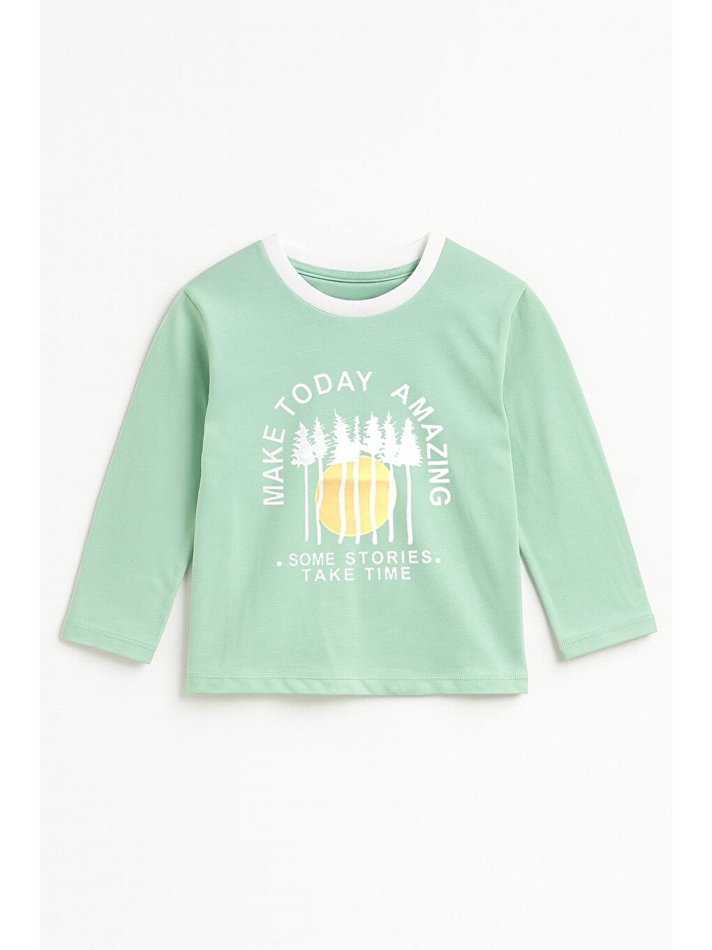 Yeşil Erkek Çocuk %100 Pamuk Baskılı Uzun Kollu Tişört - Mint (3-4 Yaş 8-9 Yaş)-1