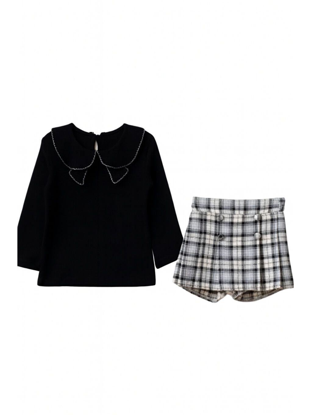 Siyah Kız Çocuk Fırfır Yakalı Bluz & Ekose Şort Etek 2 li Set Takım Ak4155-4