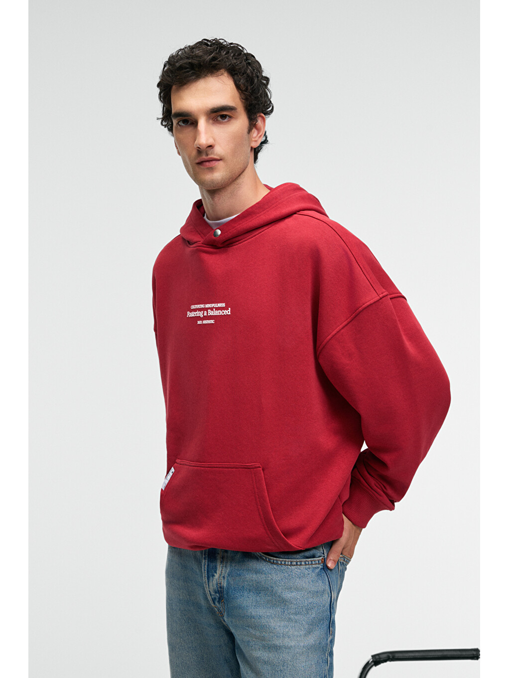 Clay Erkek %100 Pamuk Kapüşonlu Çıtçıtlı Baskılı Cebi Süs Etiketli Kırmızı Sweatshirt-3