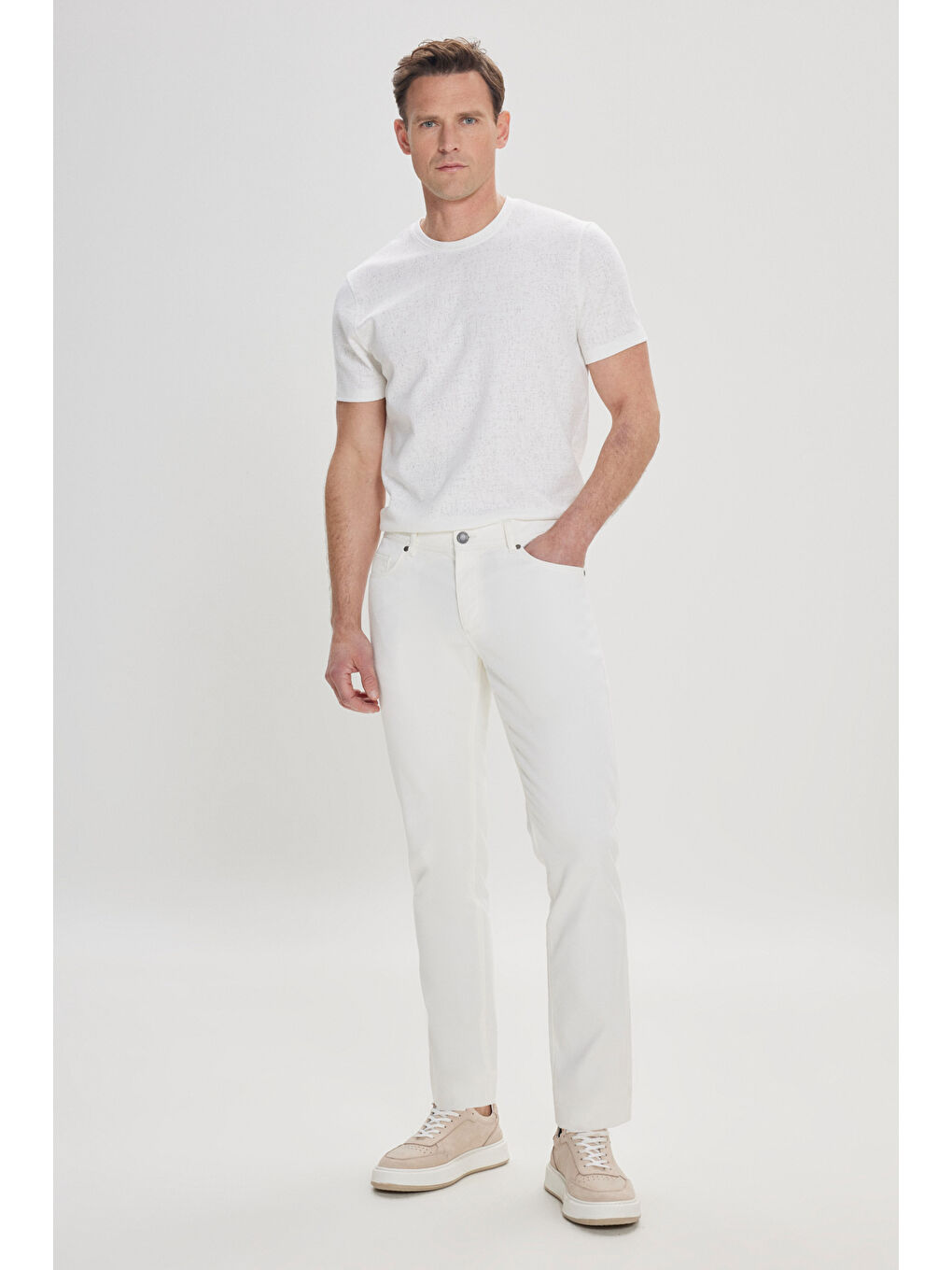 Erkek Beyaz Slim Fit Dar Kesim 5 Cep Armürlü Esnek Pantolon-1