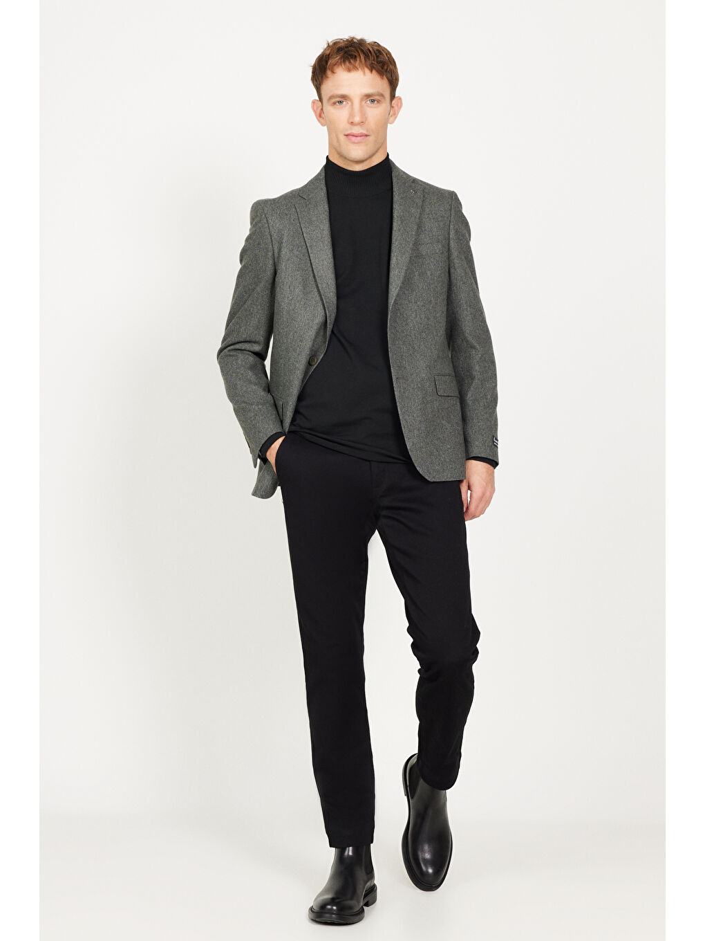 Erkek Haki Slim Fit Dar Kesim Mono Yaka Yünlü Ceket-1