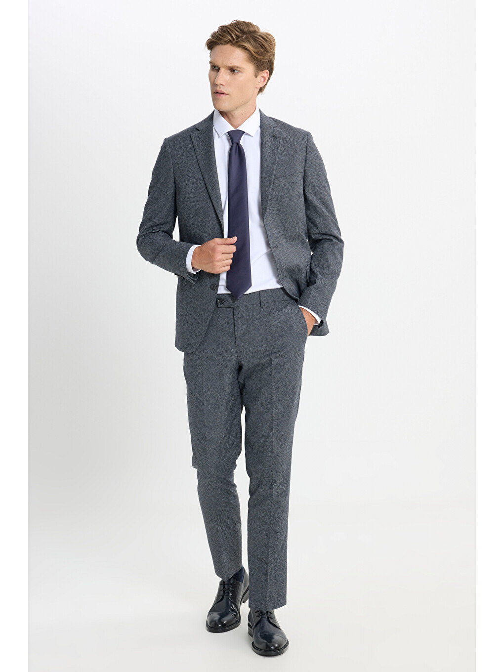 Erkek Lacivert-Gri Slim Fit Dar Kesim Kazayağı Desenli Takım Elbise-2