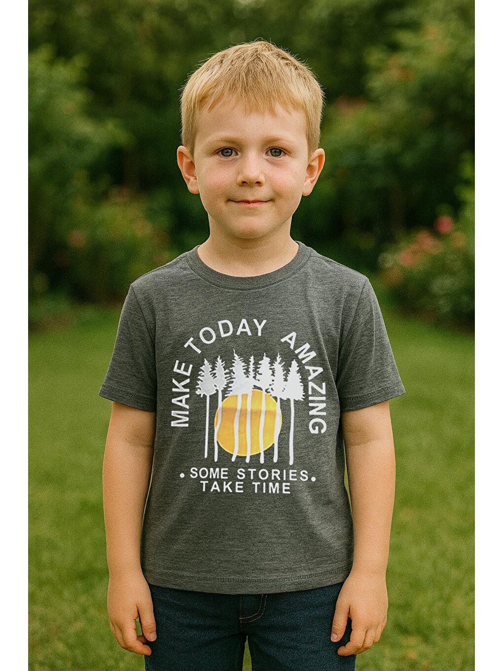 Erkek Çocuk %100 Pamuklu Baskılı Kısa Kollu Tişört - Antrasit (3-4 Yaş 8-9 Yaş)