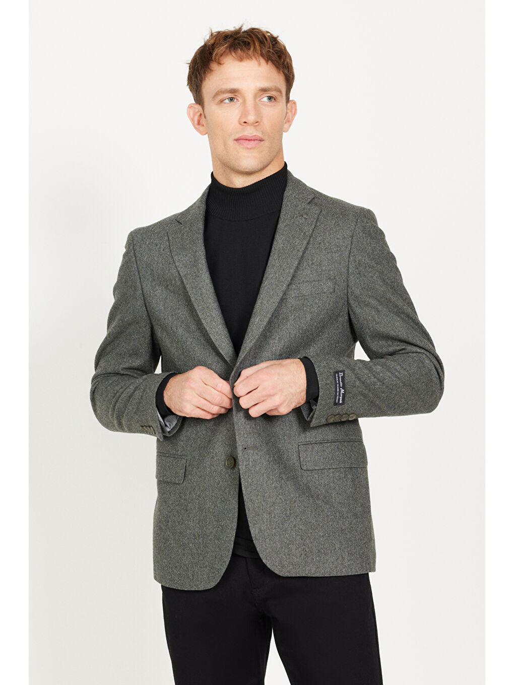 Erkek Haki Slim Fit Dar Kesim Mono Yaka Yünlü Ceket-2