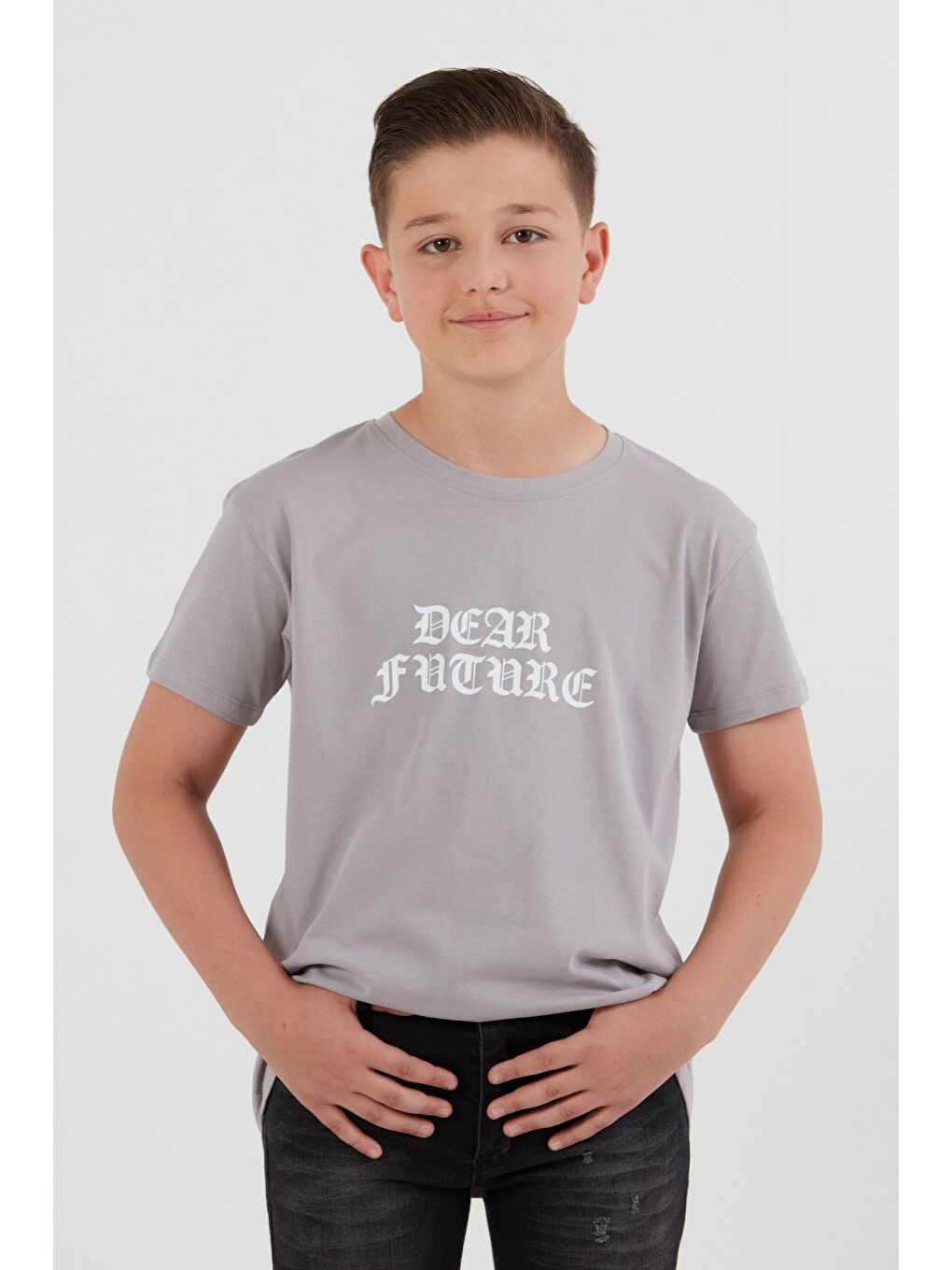 Gri Dear Future Yazı Baskılı Erkek Çocuk Tişört-1