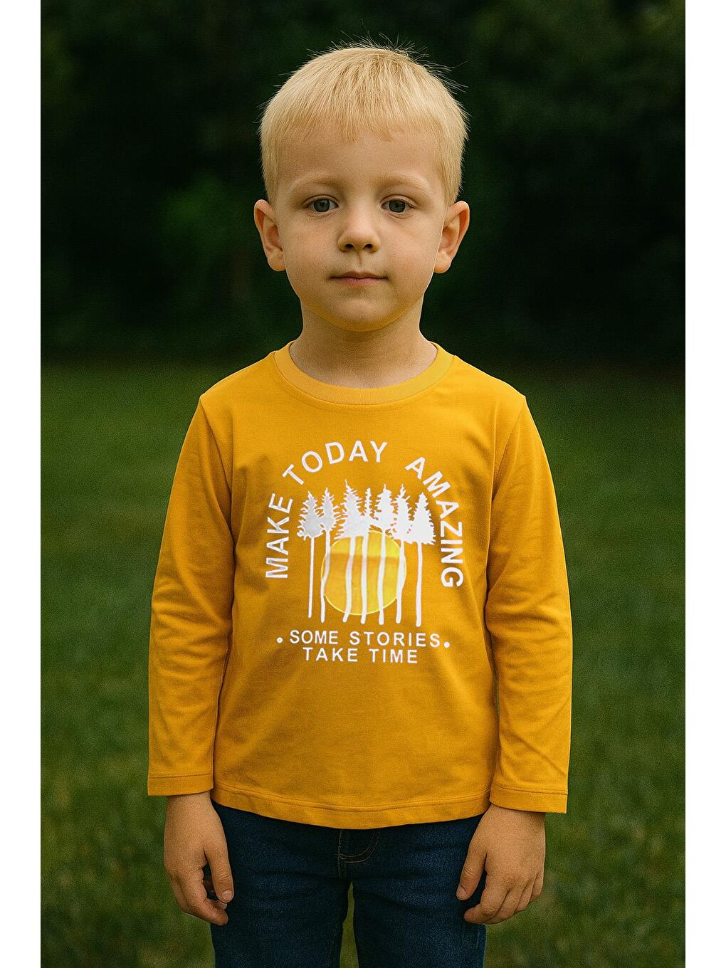 Sarı Erkek Çocuk %100 Pamuk Baskılı Uzun Kollu Tişört - Hardal (3-4 Yaş 8-9 Yaş)
