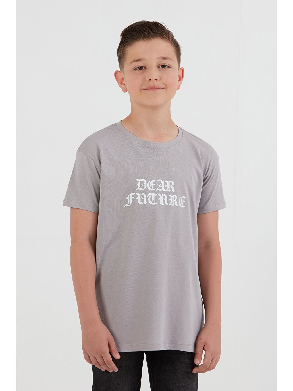 Gri Dear Future Yazı Baskılı Erkek Çocuk Tişört-2