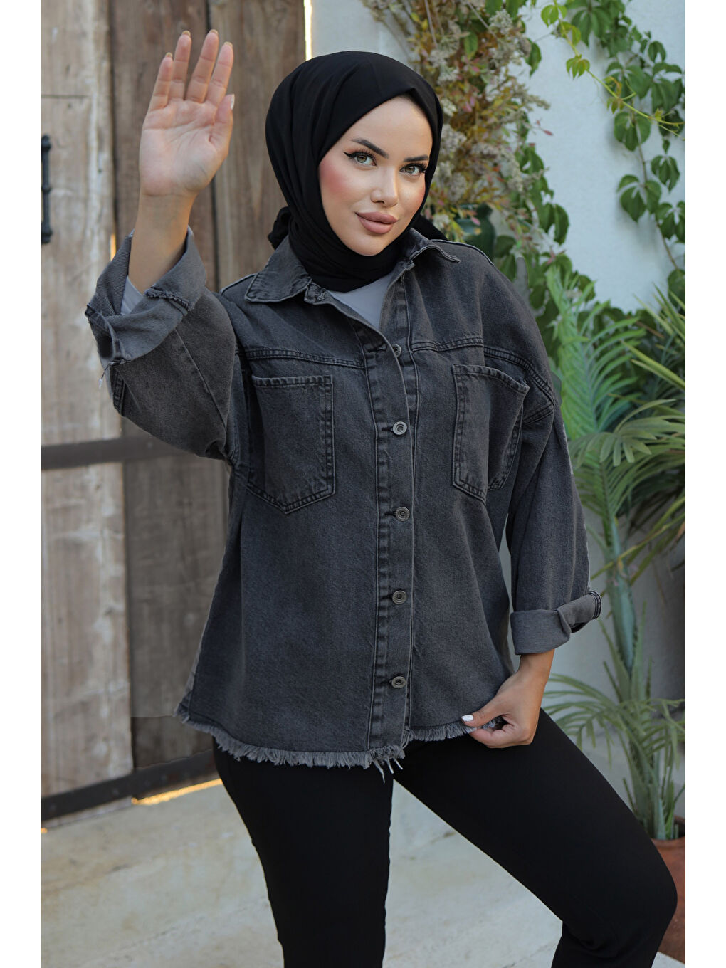 Kadın Oversize Püskül Detay Yaka Cep Jean Ceket D1 Siyah   26580