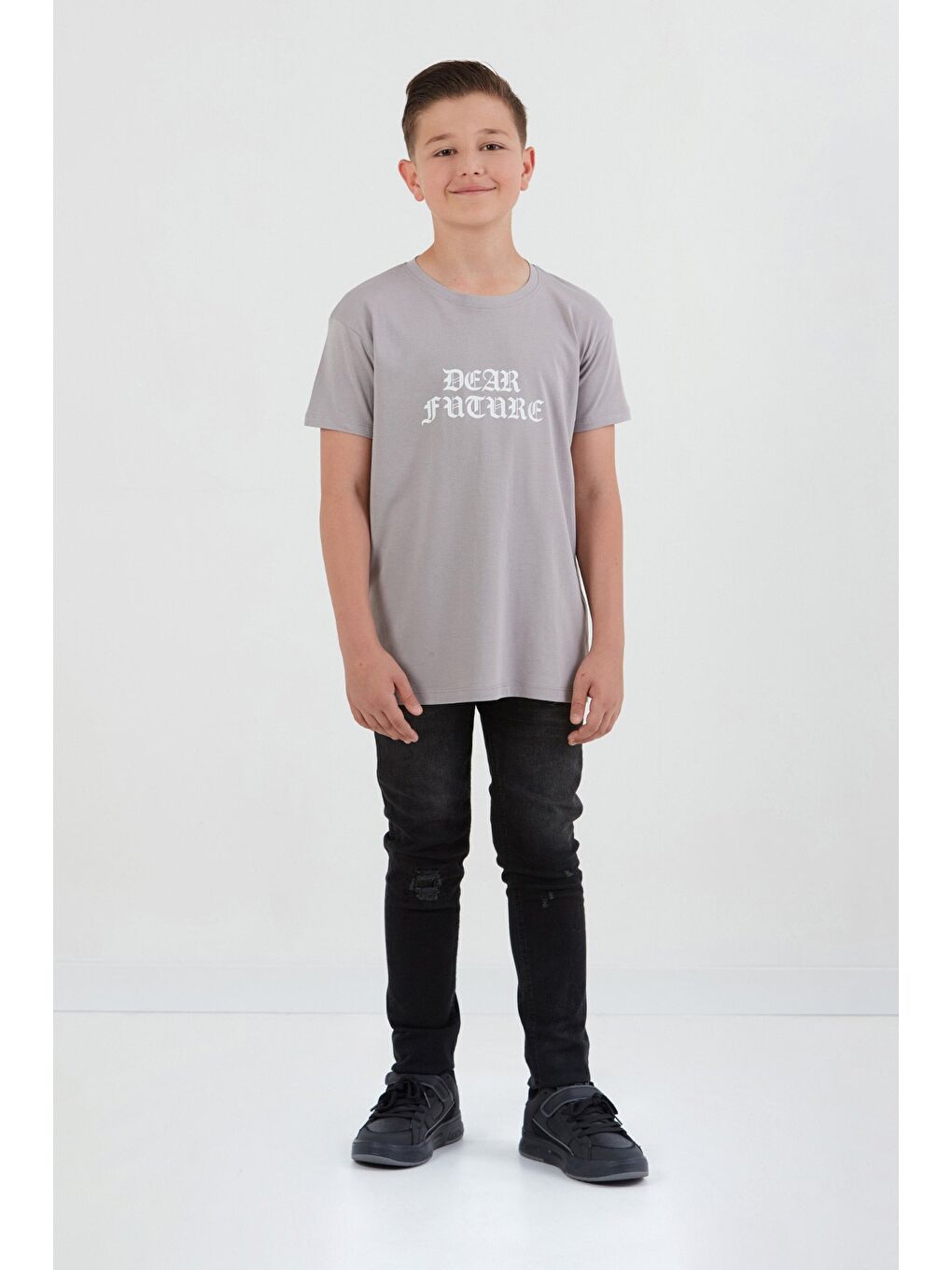 Gri Dear Future Yazı Baskılı Erkek Çocuk Tişört-3